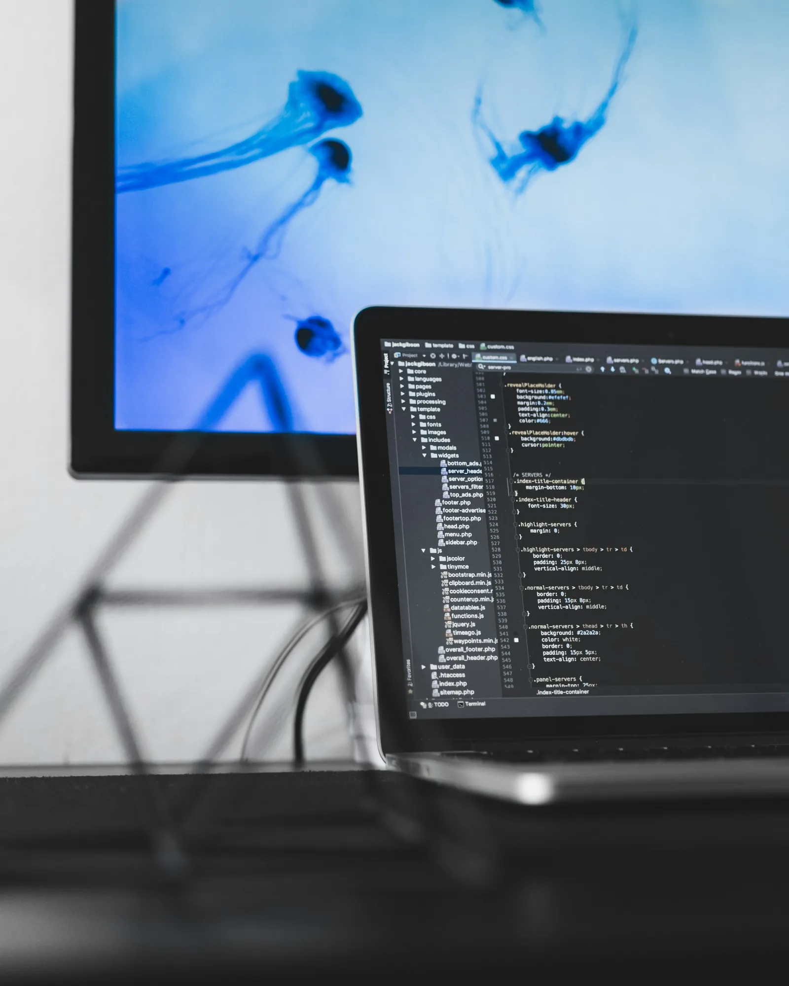 A laptop on a desk with programming code on the screen.