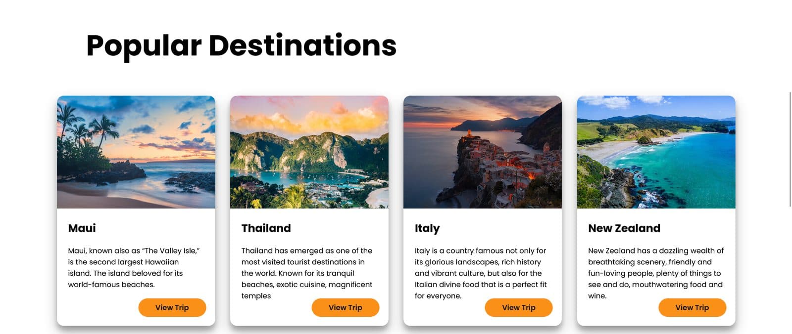 Destination cards on a travel company website
