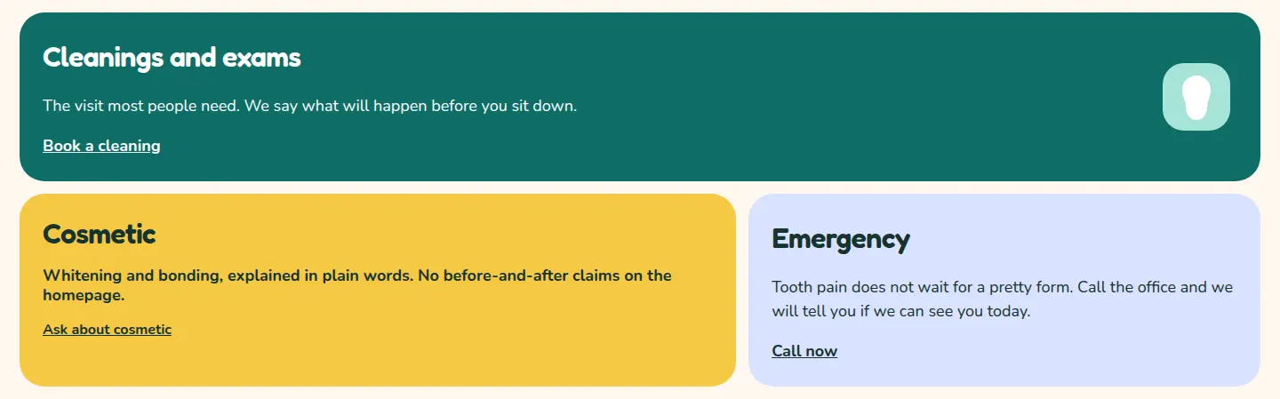 Desktop screenshot of the Larkhaven service tiles for cleanings, cosmetic visits, and emergencies.
