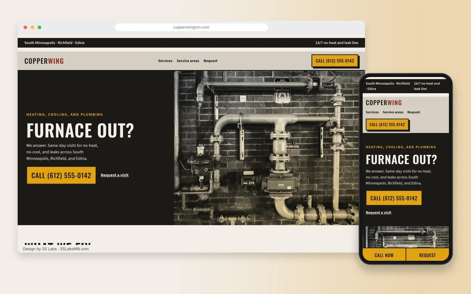Desktop browser and phone showing the Copperwing homepage. The soot panel headline Furnace out? and an amber call button sit beside a duotone photo of a technician, and the phone shows the same headline.