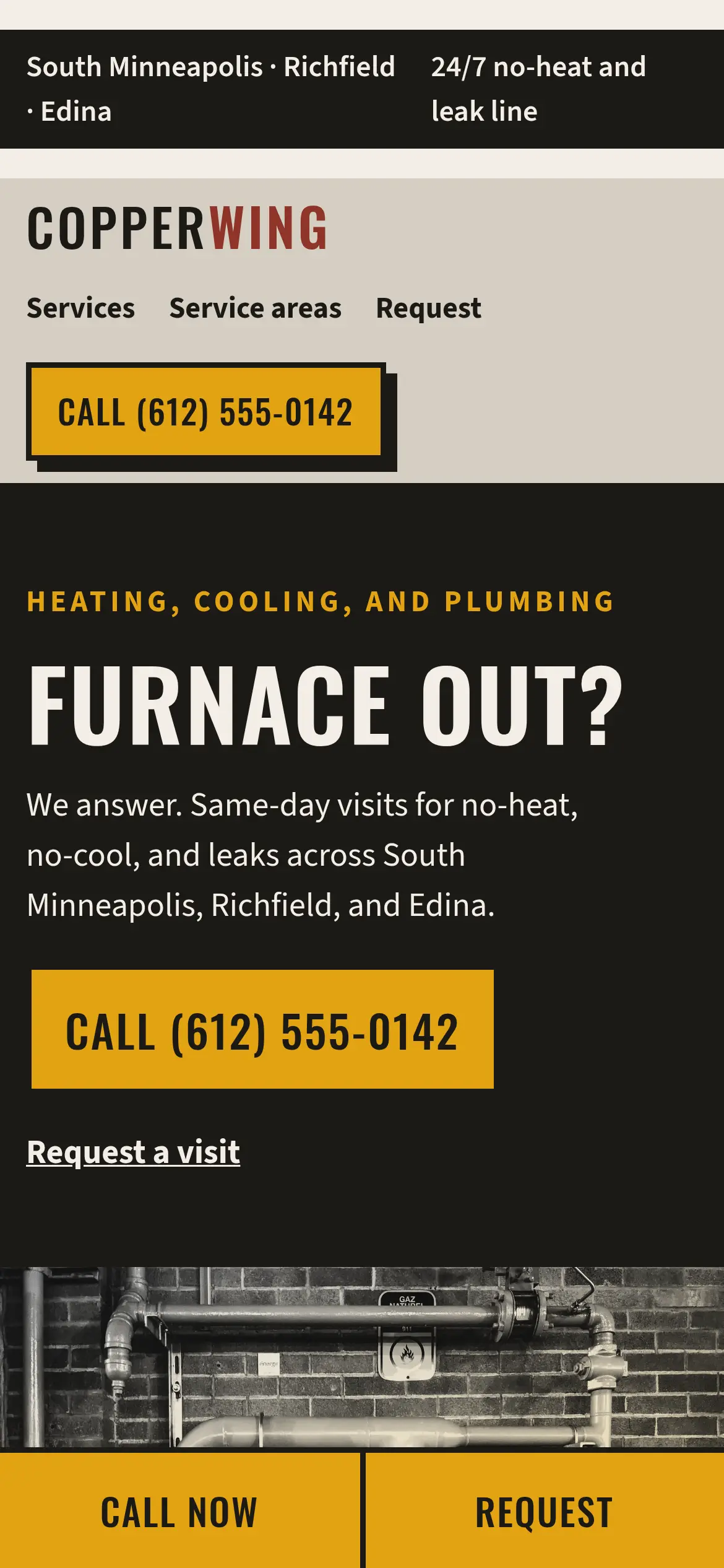 Phone screenshot of the Copperwing homepage. The header lists South Minneapolis, Richfield, and Edina, and an amber button reads Call (612) 555-0142 above the headline Furnace out?