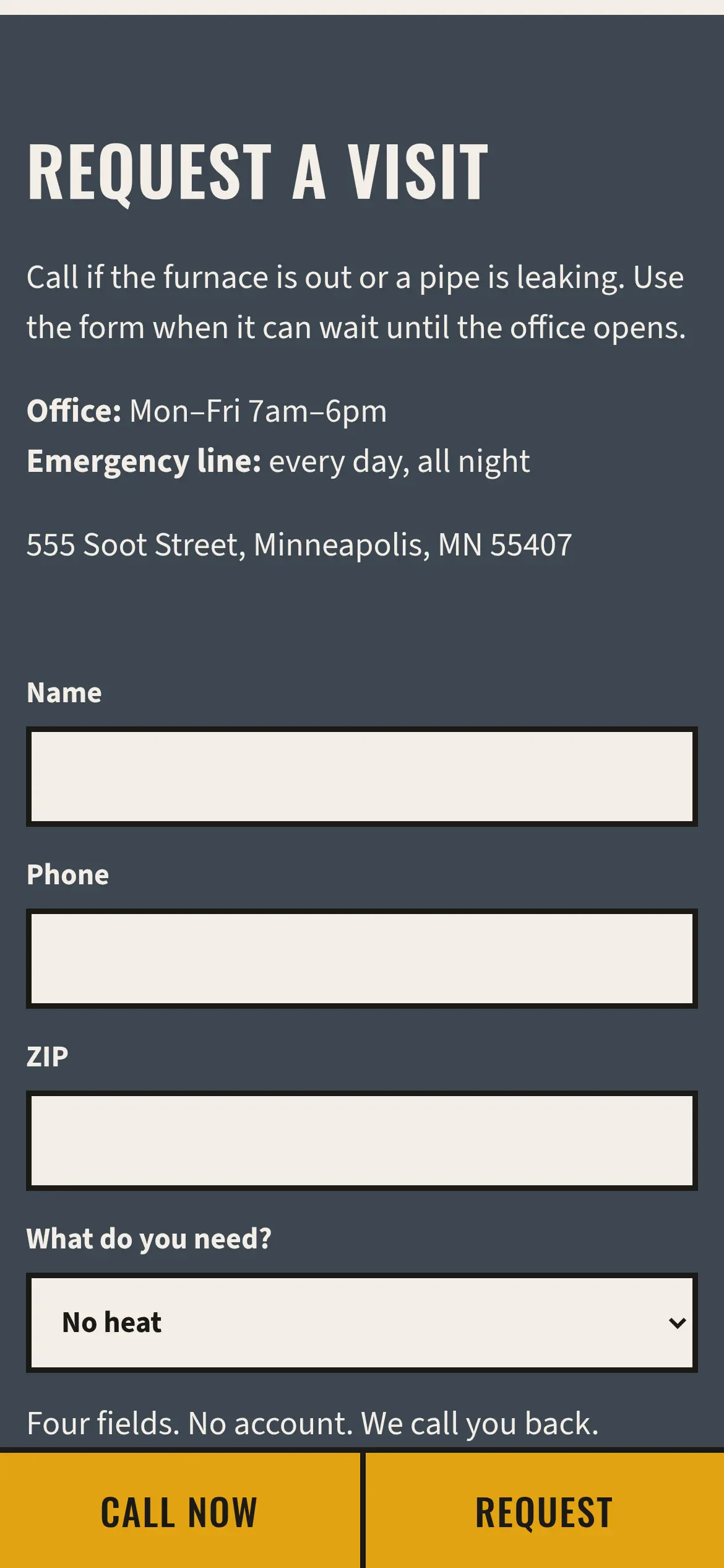 Phone screenshot of the Copperwing request section, with office hours, 555 Soot Street, and fields for name, phone, ZIP, and the job type.