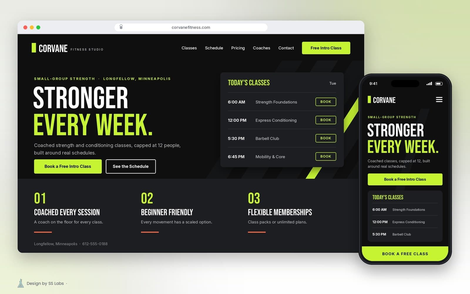 Corvane Fitness Studio website design shown on a desktop browser and a phone