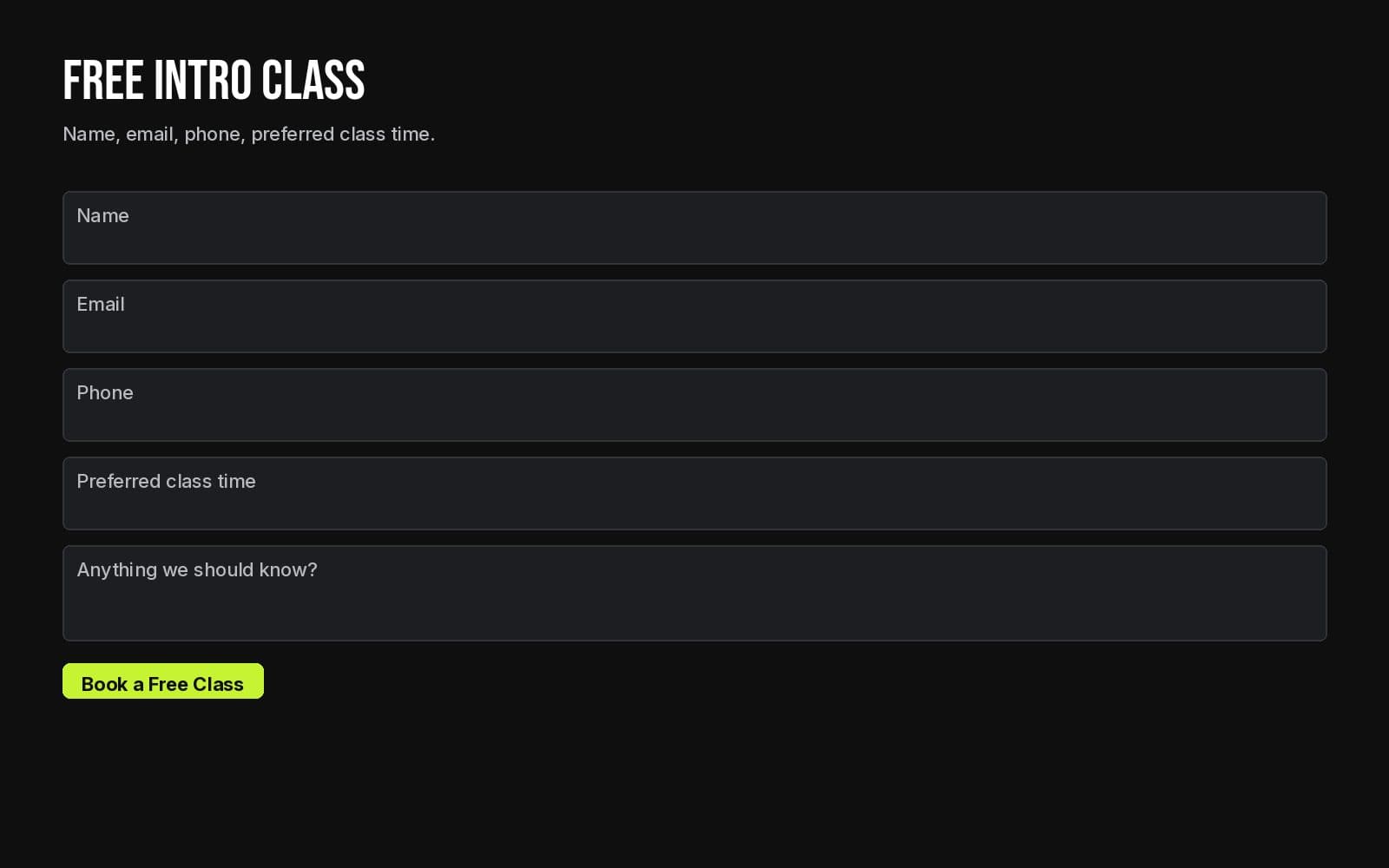 Free intro class form