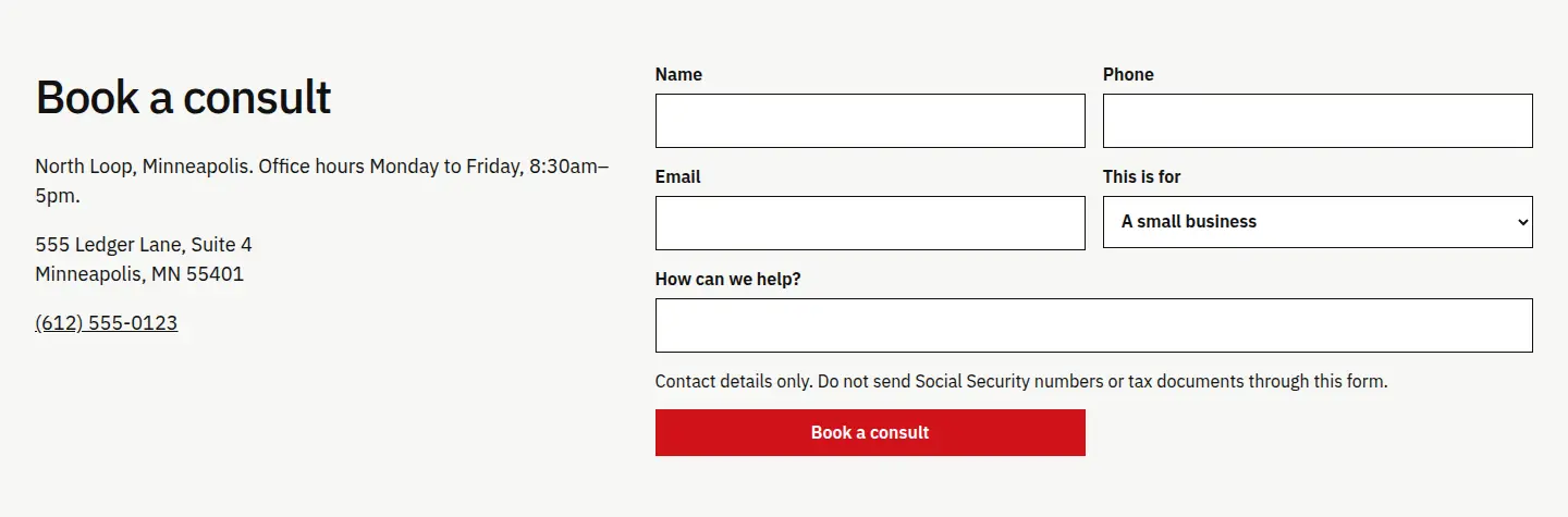Desktop screenshot of the Quillstone consult section, with North Loop hours, 555 Ledger Lane, and a form that warns against sending tax documents.