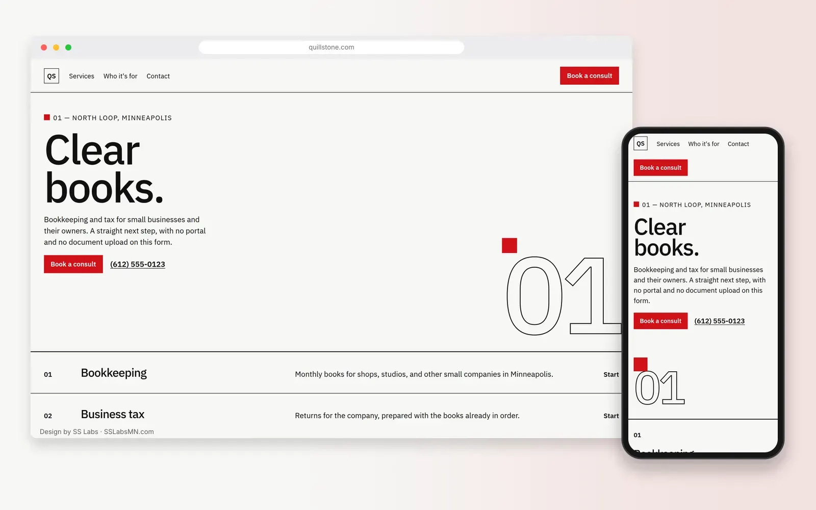 Desktop browser and phone showing the Quillstone homepage. The headline Clear books. sits on a paper background beside an outlined 01, and the phone repeats that headline under a red Book a consult button.