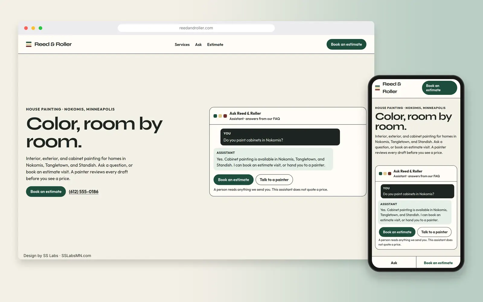 Reed and Roller house painting website, with a chat card and a phone view of the same page