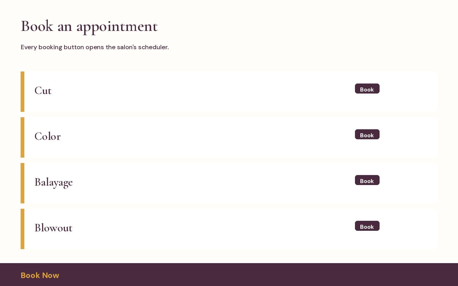 Booking buttons for each salon service
