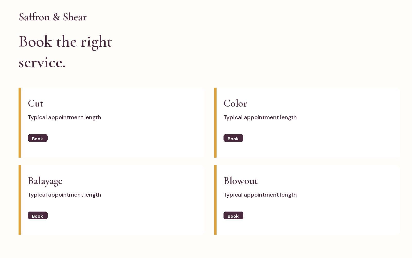 Cut, color, balayage, and blowout service cards